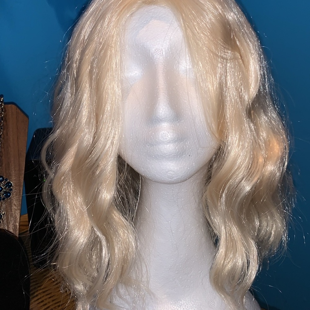 Blonde wavy almost shoulder length wig